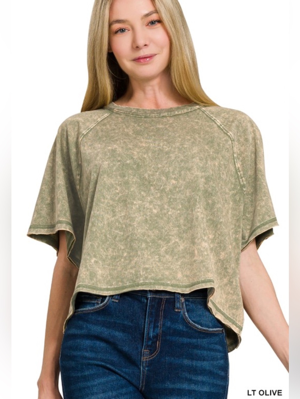 Zenana Acid Wash Cropped Tee NWT, Light Olive
